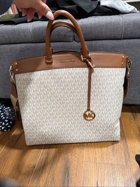 Michael Kors Tan and Cream MK Monogram Satchel Tote